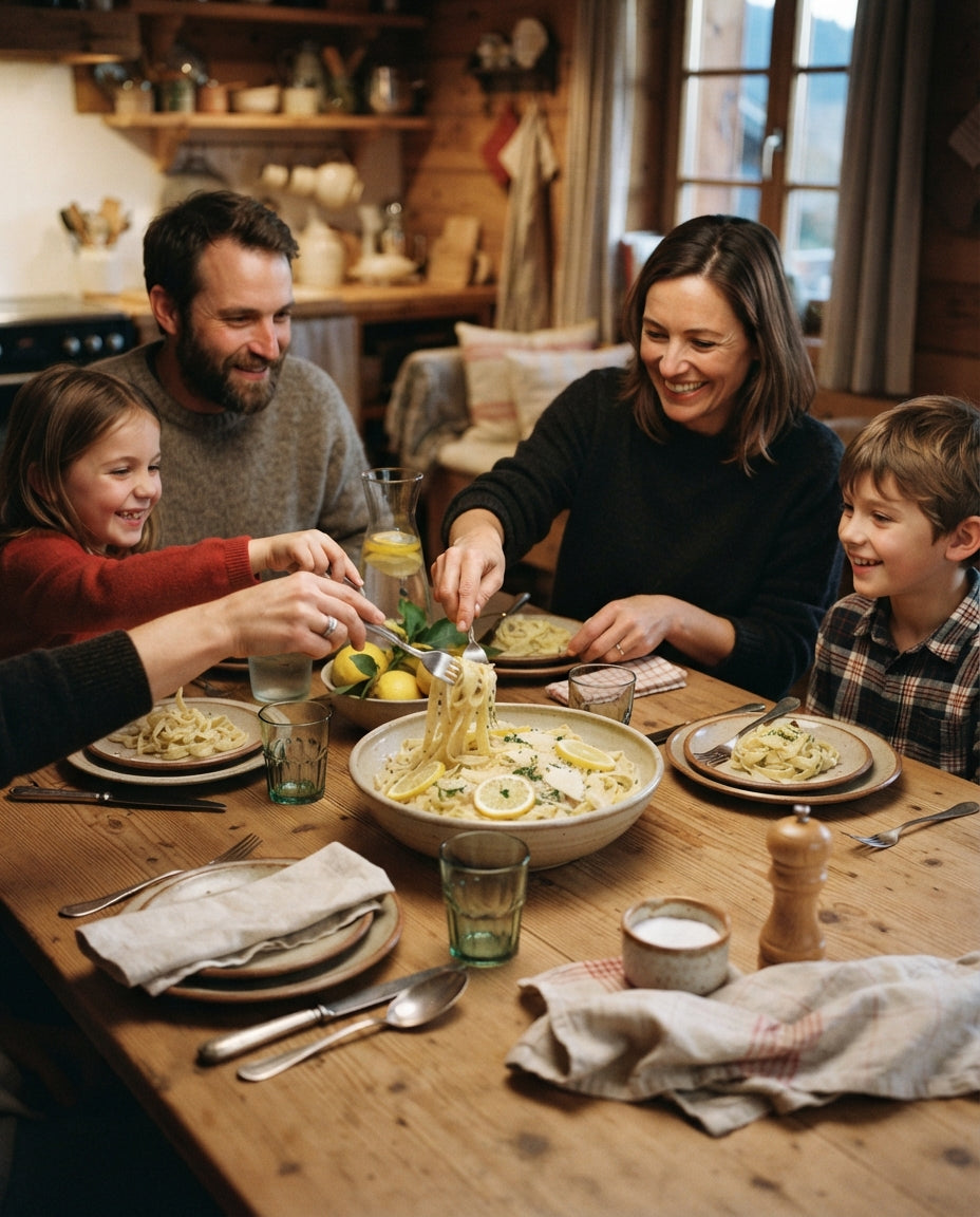 Breite Nudeln mit Zitronen-Poulet und Spinat – gemeinsam am Tisch