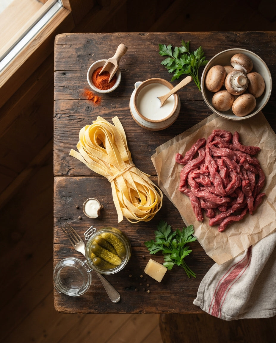 Rahm-Nudeln Stroganoff-Art mit Rindsstreifen – Zutaten