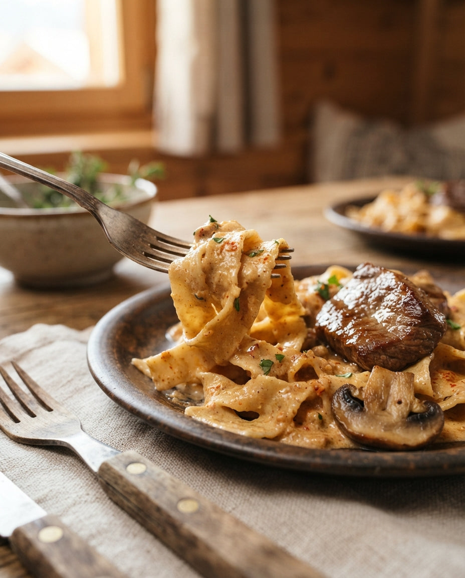 Rahm-Nudeln Stroganoff-Art mit Rindsstreifen – Detailaufnahme