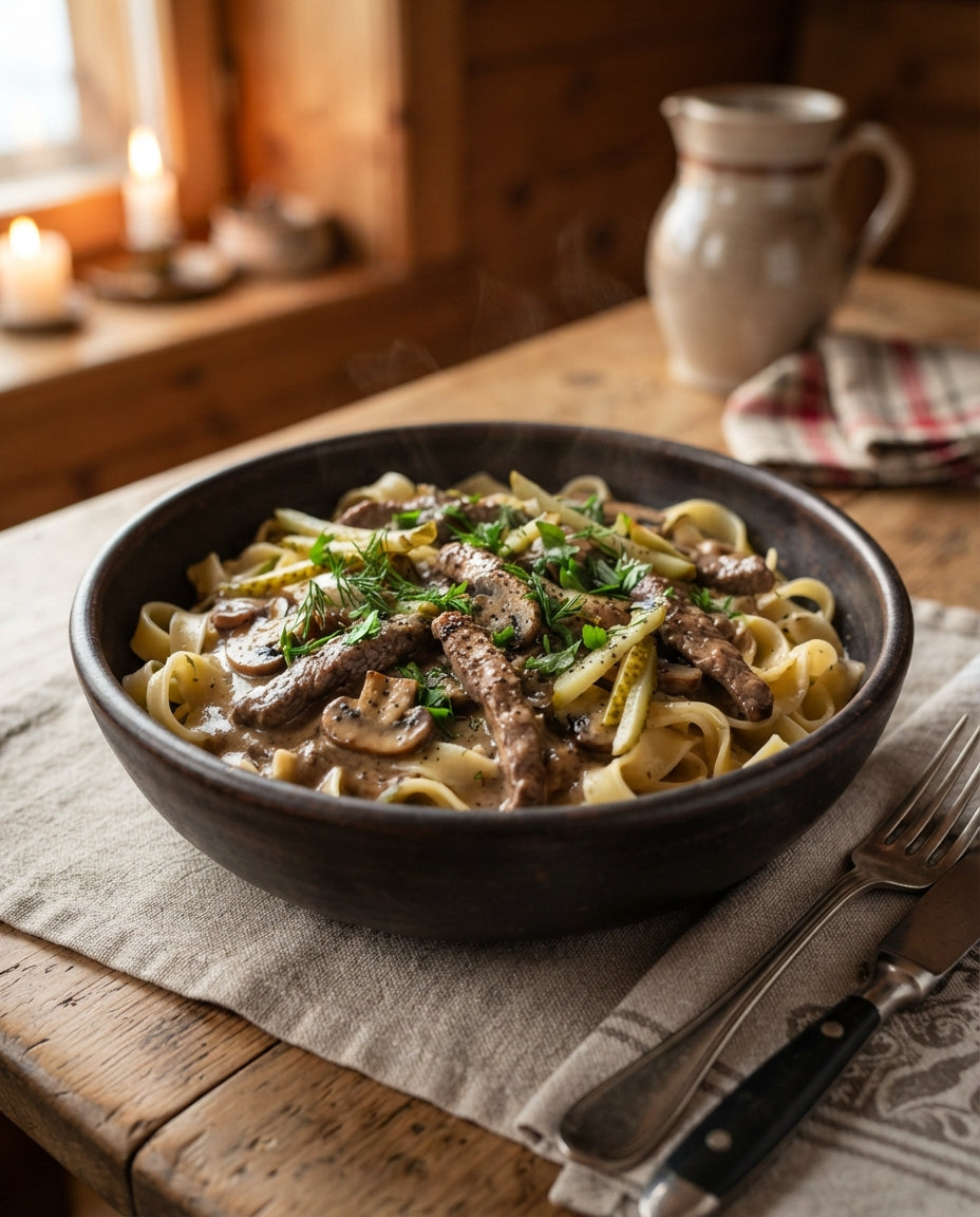 Rezept: Rahm-Nudeln Stroganoff-Art mit Rindsstreifen