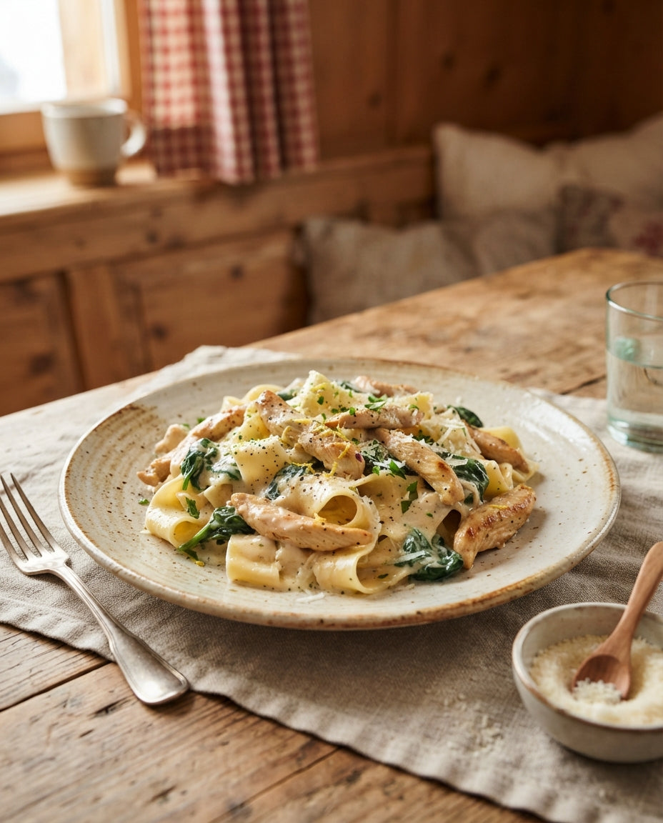 Rezept: Breite Nudeln mit Zitronen-Poulet und Spinat