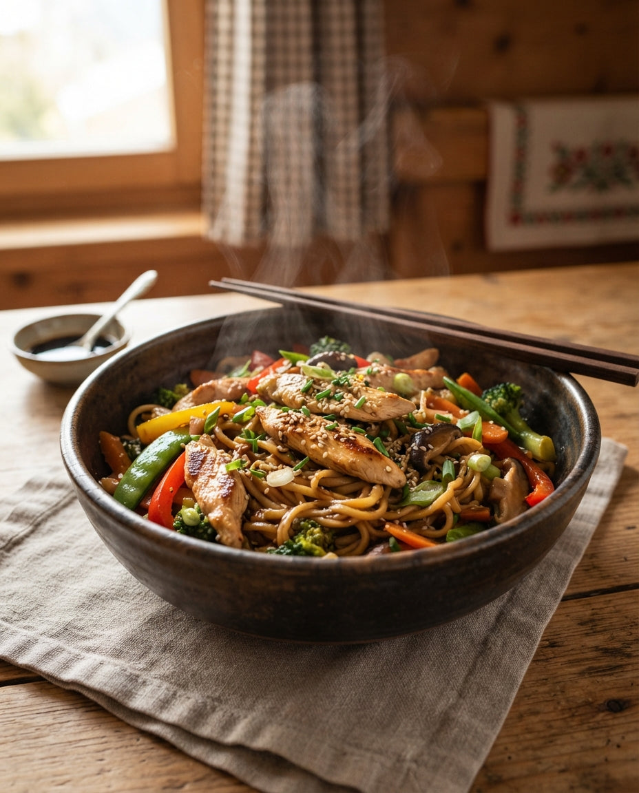 Rezept: Schnelle Pfannen-Nudeln mit Poulet und Gemüse