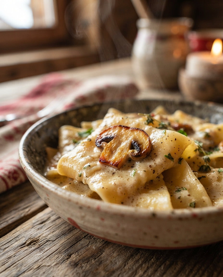 Pappardelle mit Pilz-Rosmarin-Rahm – Detailaufnahme