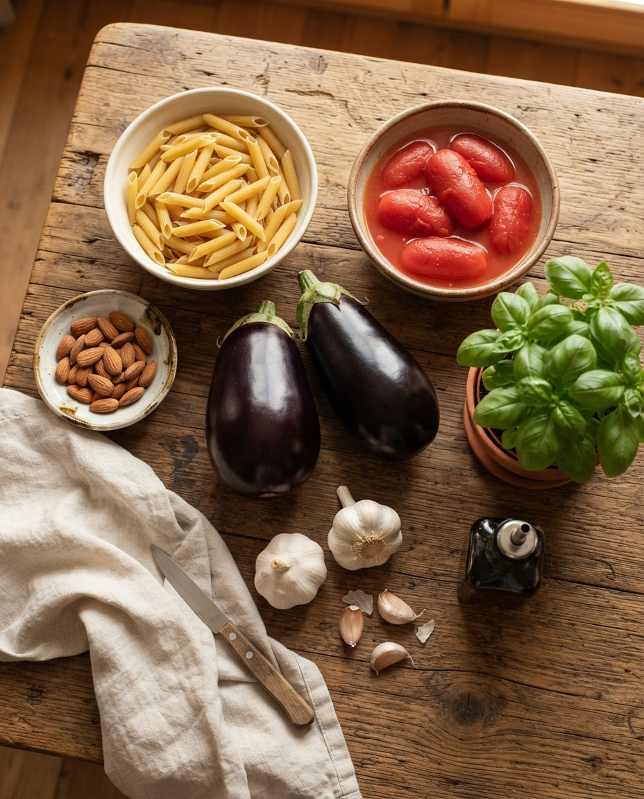 Penne alla Norma mit Auberginen & Mandel-Knusper – Zutaten