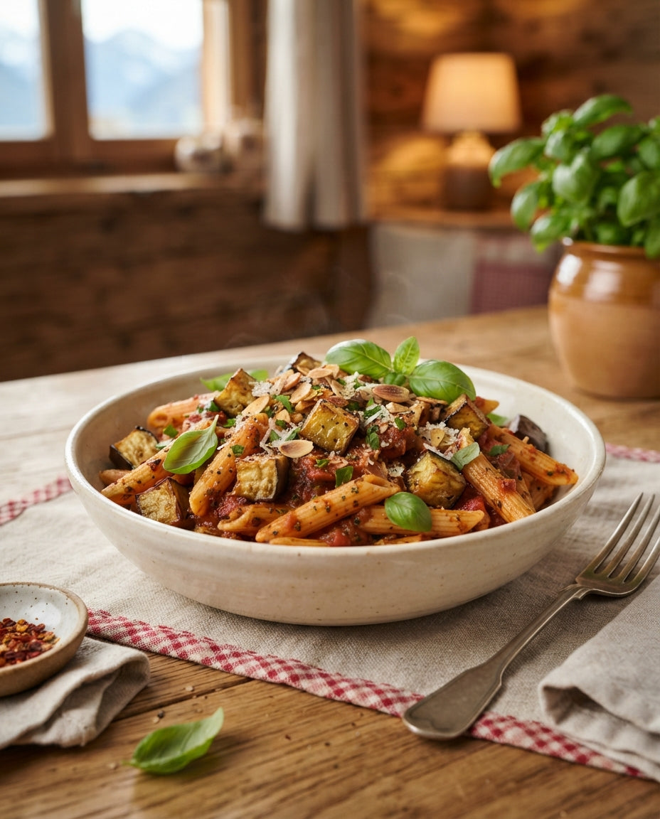 Rezept: Penne alla Norma mit Auberginen & Mandel-Knusper