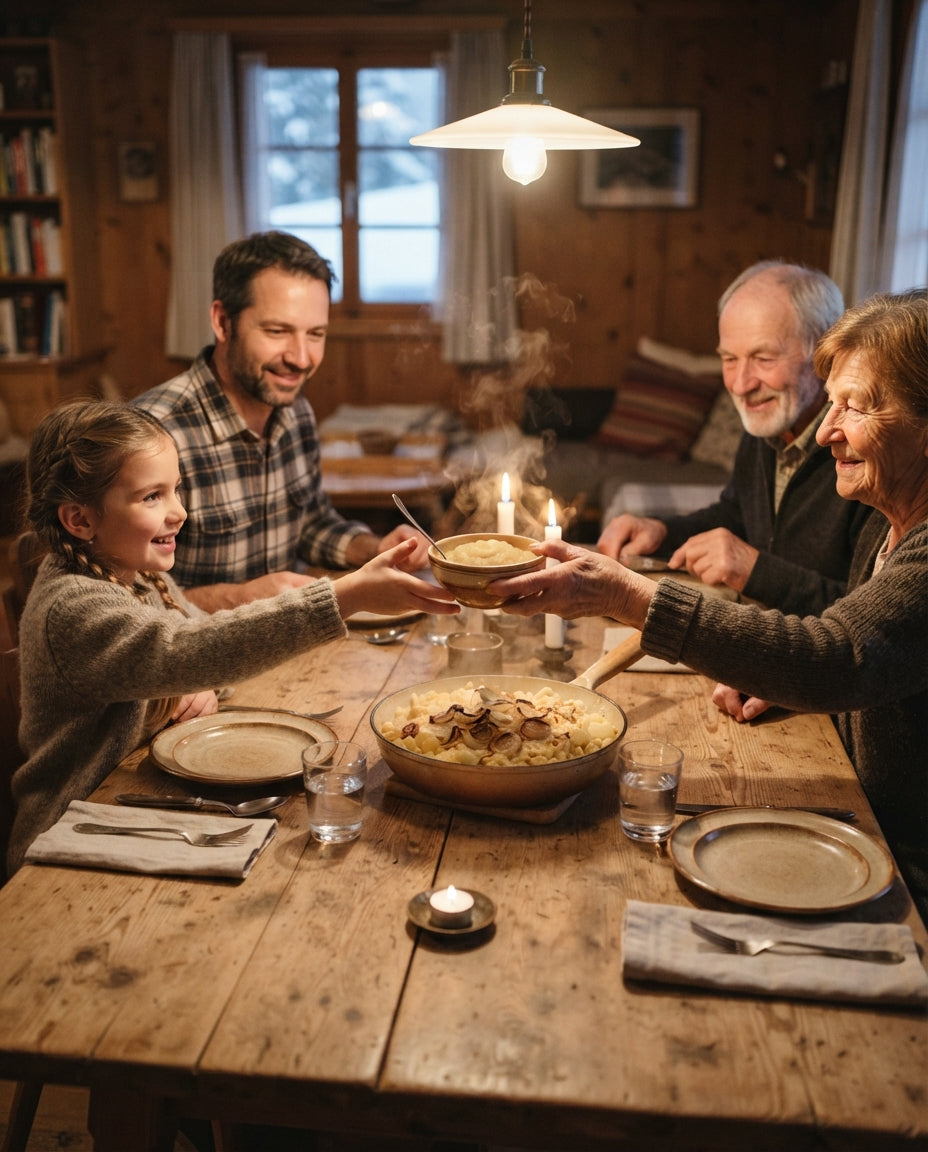Röst-Ribeli mit Schmorzwiebeln & Apfelmus – gemeinsam am Tisch