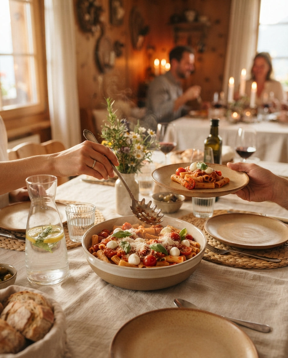 Rigatini alla Norma mit Schmor-Auberginen – gemeinsam am Tisch