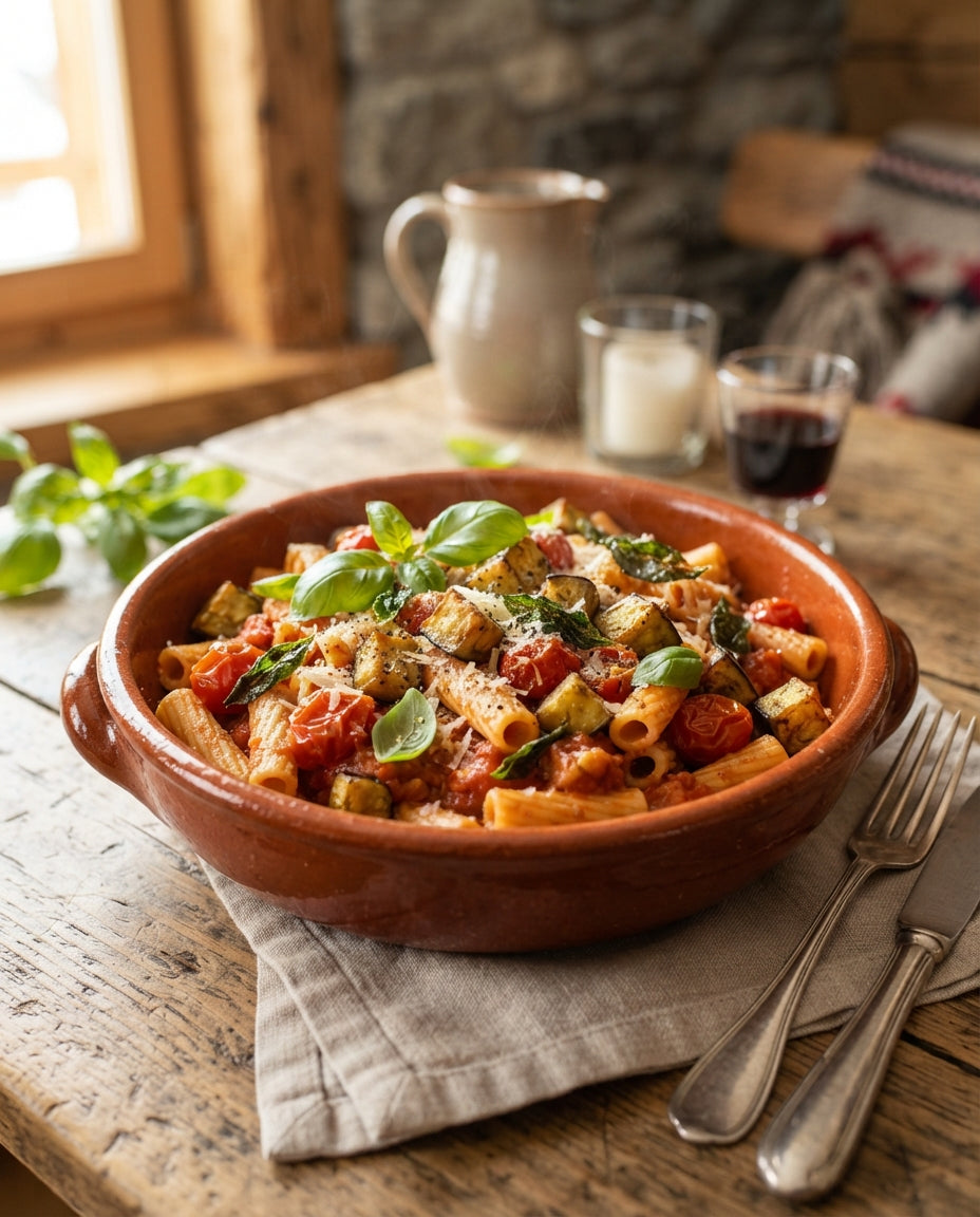 Rezept: Rigatini alla Norma mit Schmor-Auberginen
