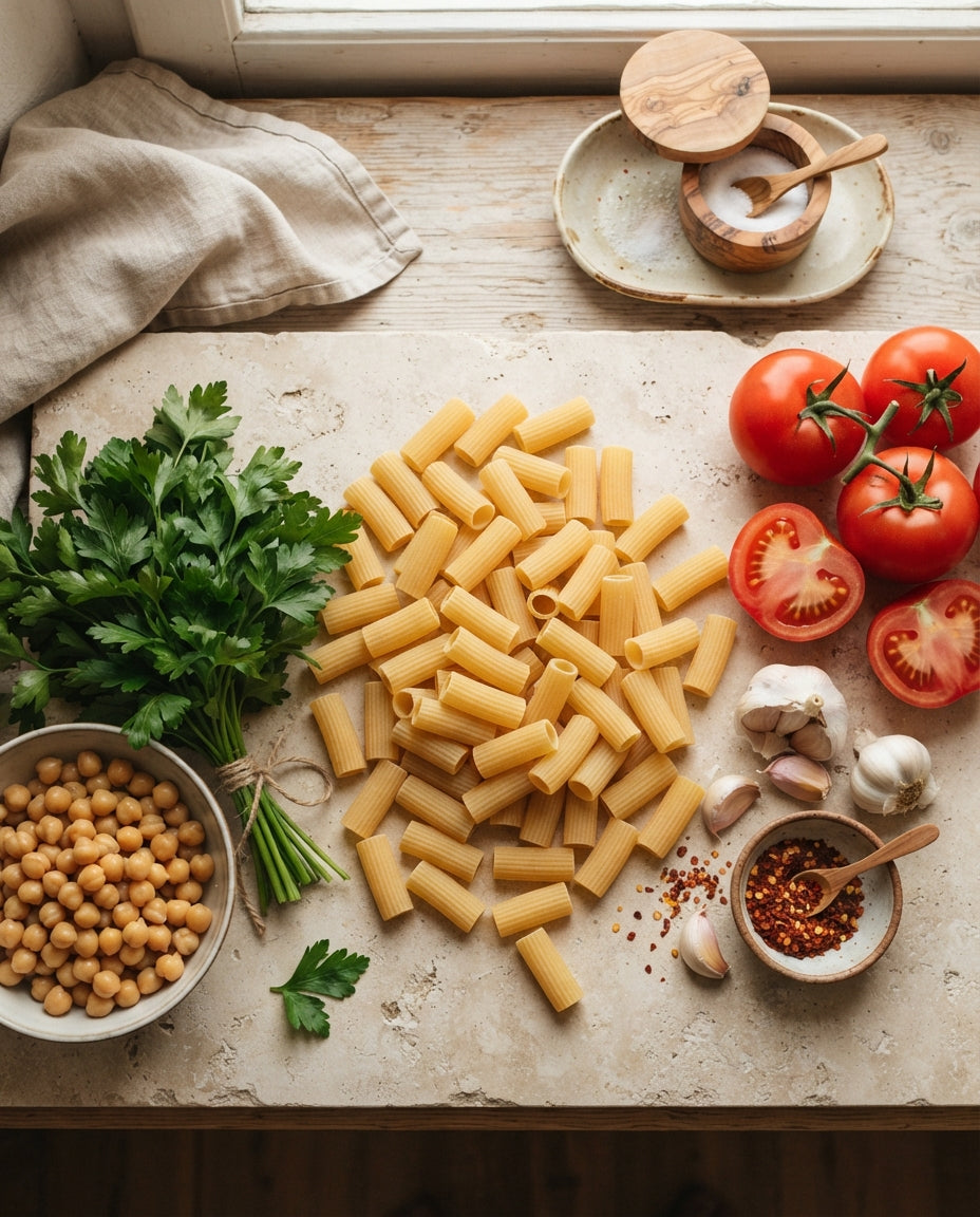Rigatoni Arrabbiata mit knusprigen Kichererbsen – Zutaten