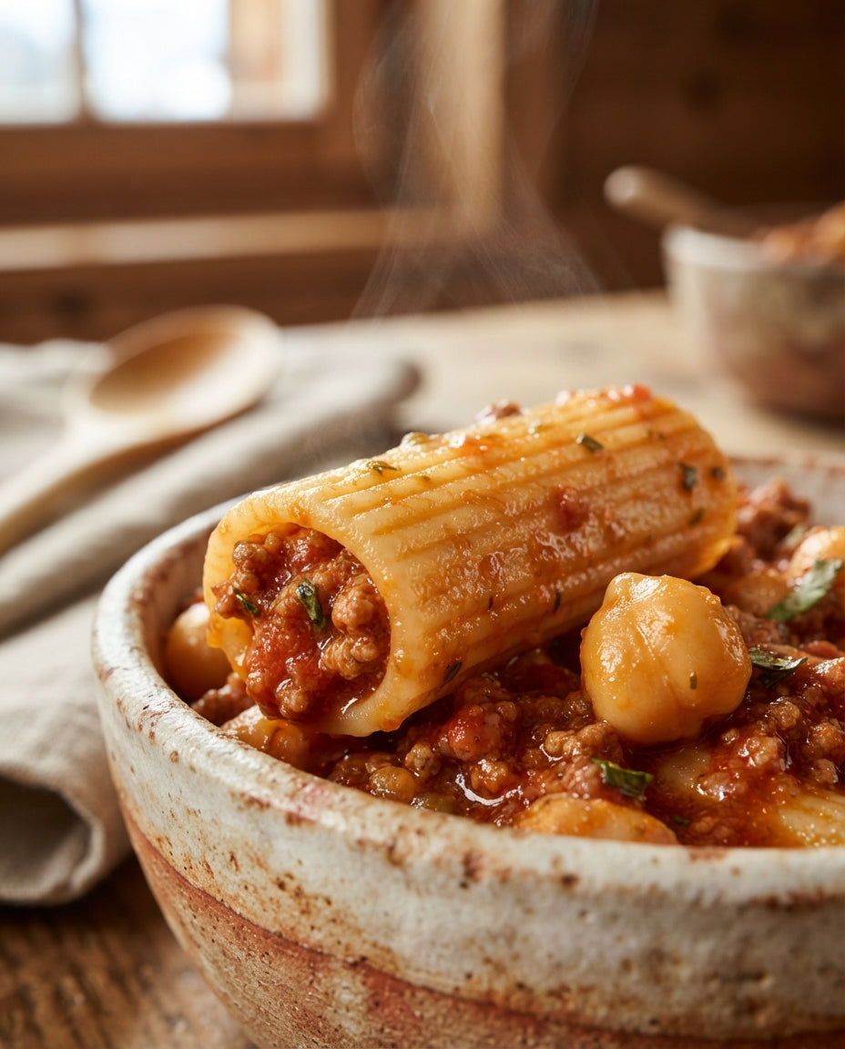 Rigatoni Arrabbiata mit knusprigen Kichererbsen – Detailaufnahme