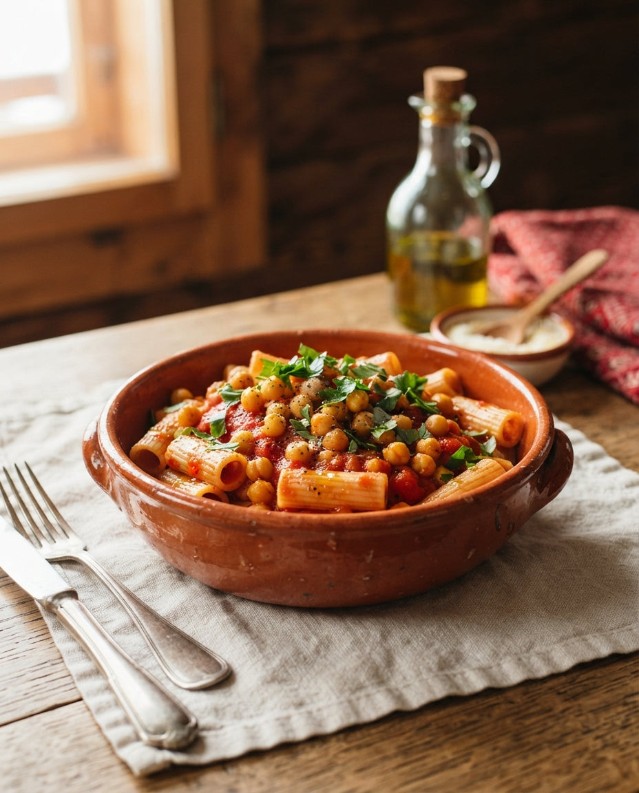 Rezept: Rigatoni Arrabbiata mit knusprigen Kichererbsen
