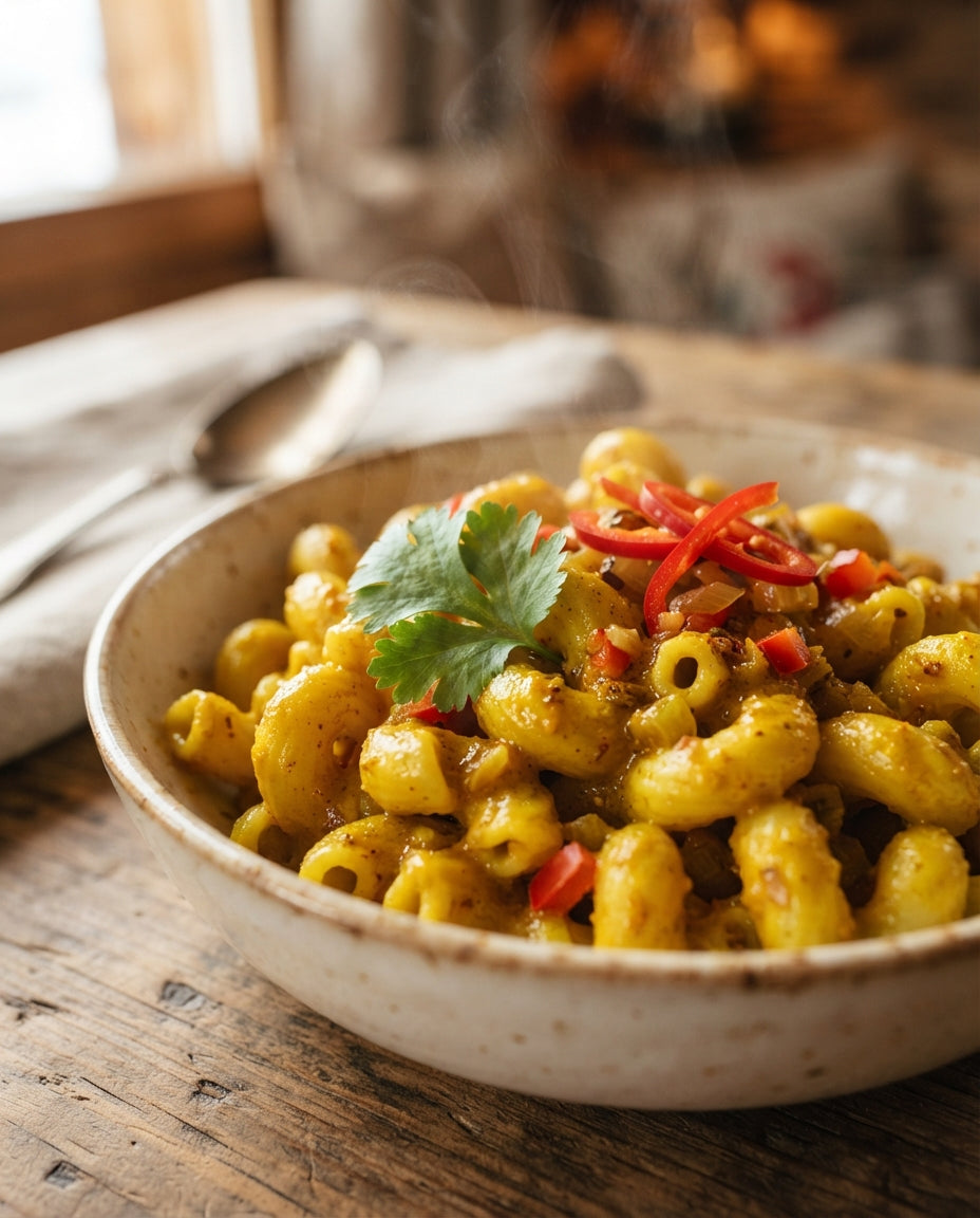 Curry-Kokos-Hörnchen mit buntem Gemüse – Detailaufnahme