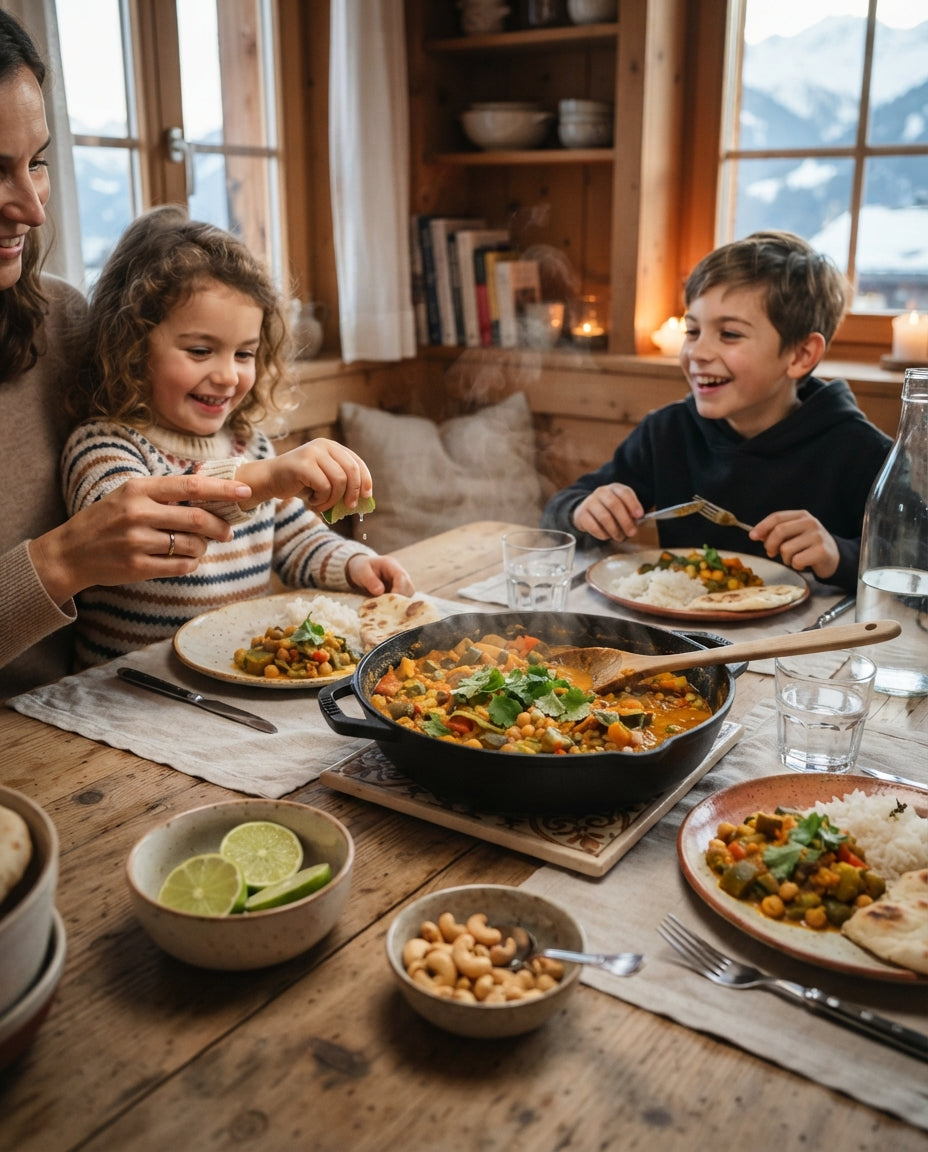 Curry-Kokos-Hörnchen mit buntem Gemüse – gemeinsam am Tisch