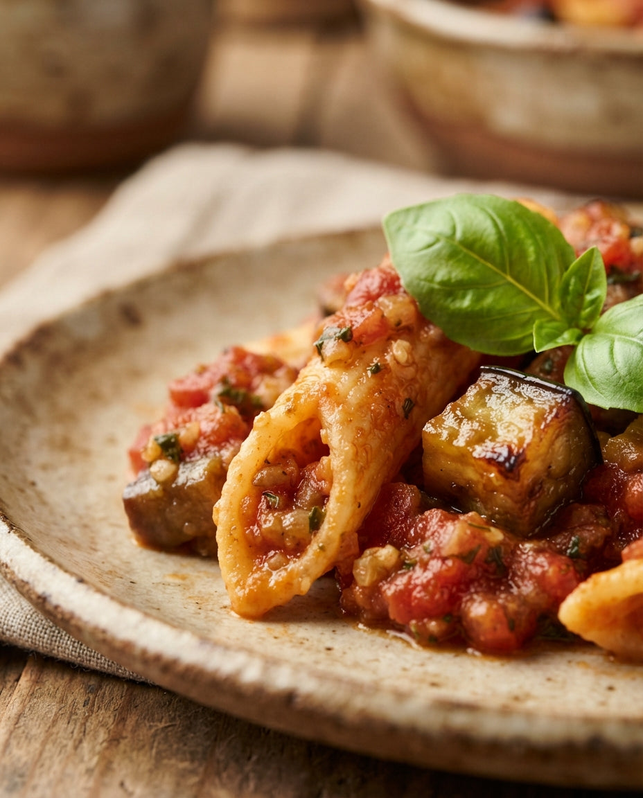 Penne alla Norma – glutenfrei und vegan – Detailaufnahme