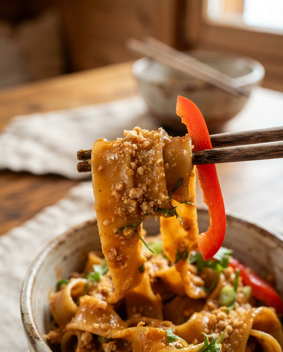 Erdnuss-Gemüse-Bandnudeln (glutenfrei & vegan) – Detailaufnahme