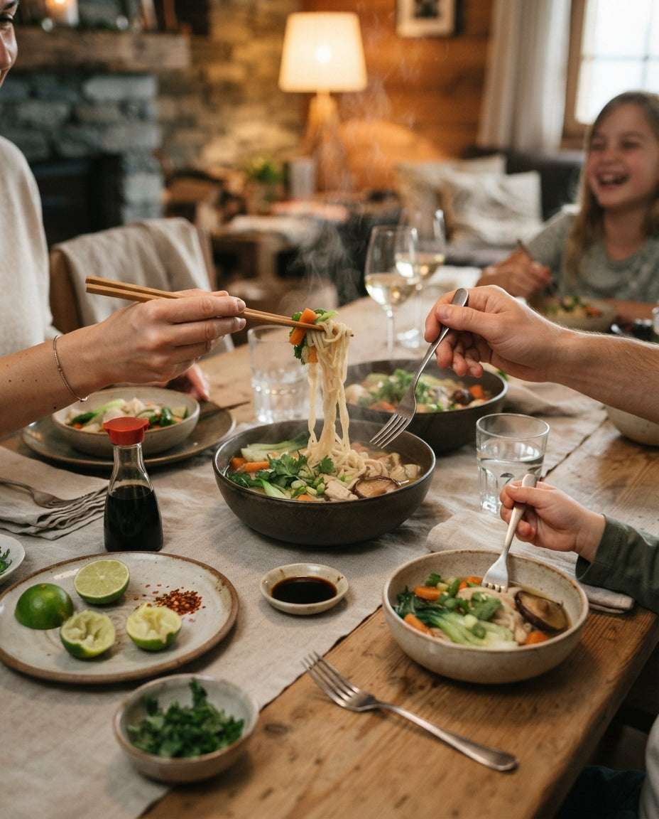 Erdnuss-Gemüse-Bandnudeln (glutenfrei & vegan) – gemeinsam am Tisch