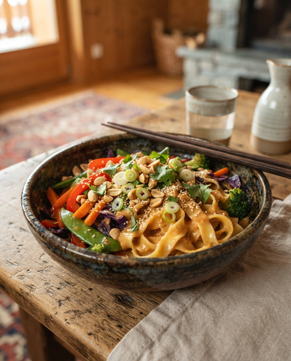 Rezept: Erdnuss-Gemüse-Bandnudeln (glutenfrei & vegan)