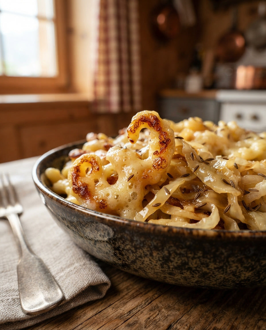 Kraut-Wellenspätzle aus der Pfanne – Detailaufnahme