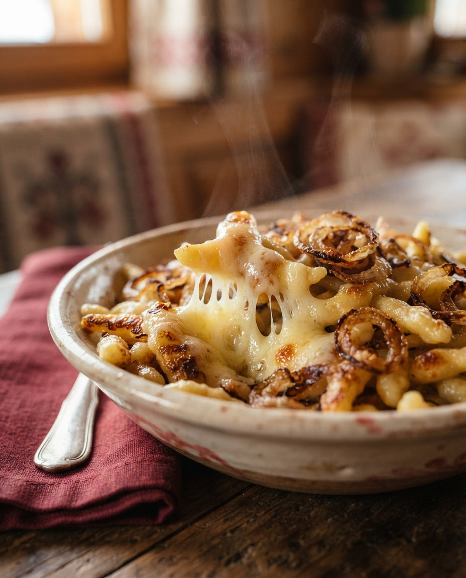 Chäs-Spätzli-Pfanne mit Röstzwiebeln – Detailaufnahme
