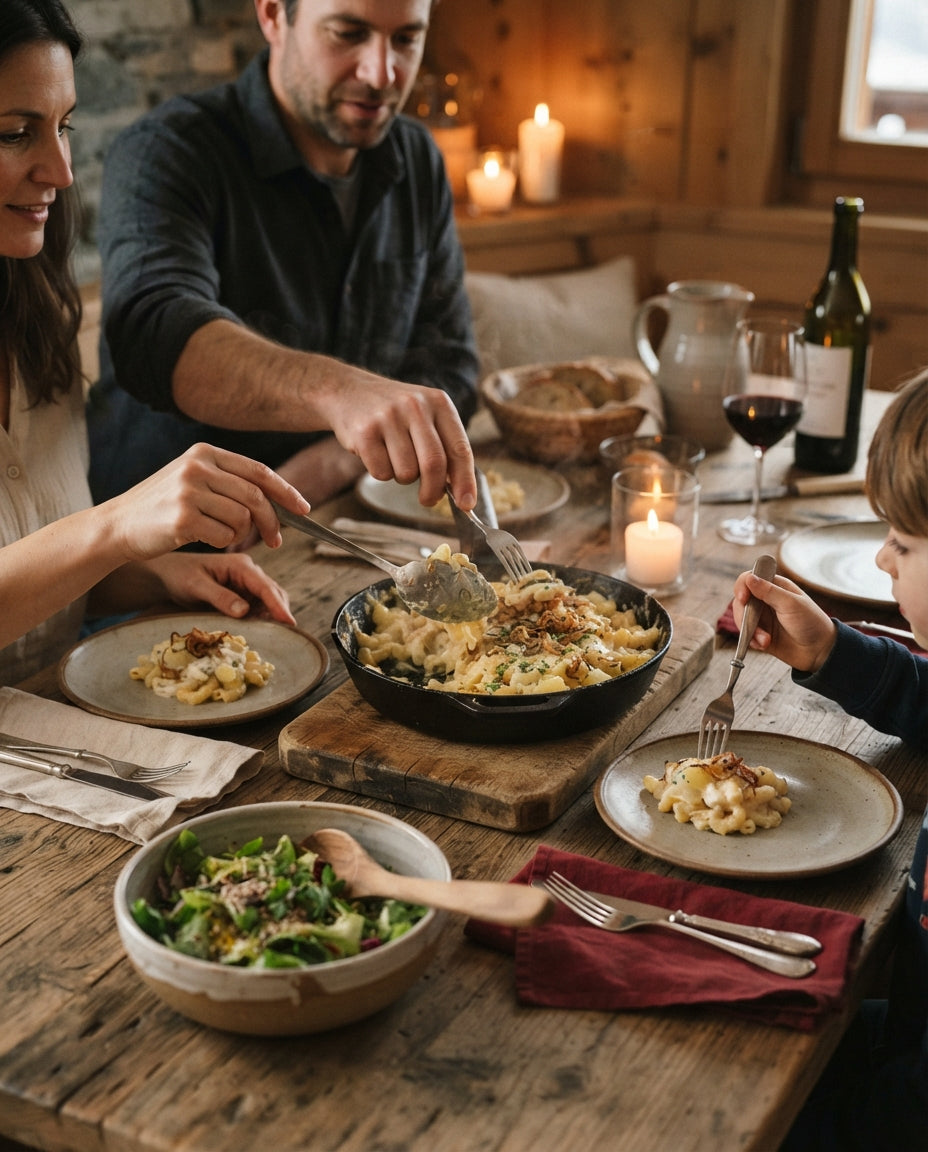 Chäs-Spätzli-Pfanne mit Röstzwiebeln – gemeinsam am Tisch