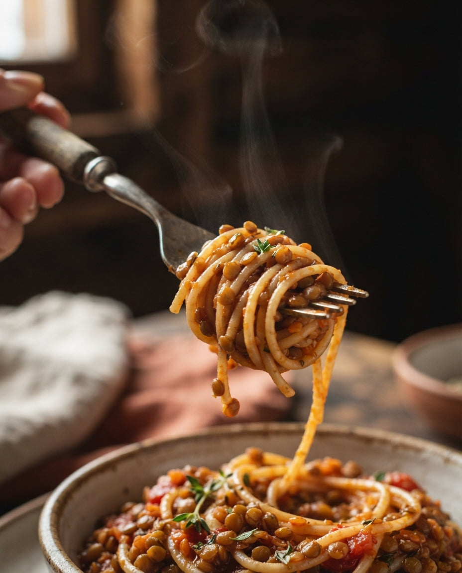 Spaghetti mit Linsen-Bolognese (vegan & glutenfrei) – Detailaufnahme