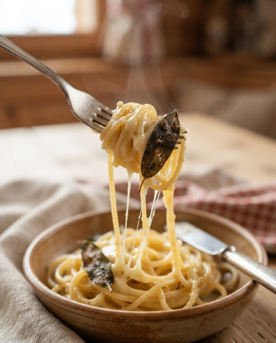Salbeibutter-Spaghetti mit Zitrone & Baumnüssen – Detailaufnahme