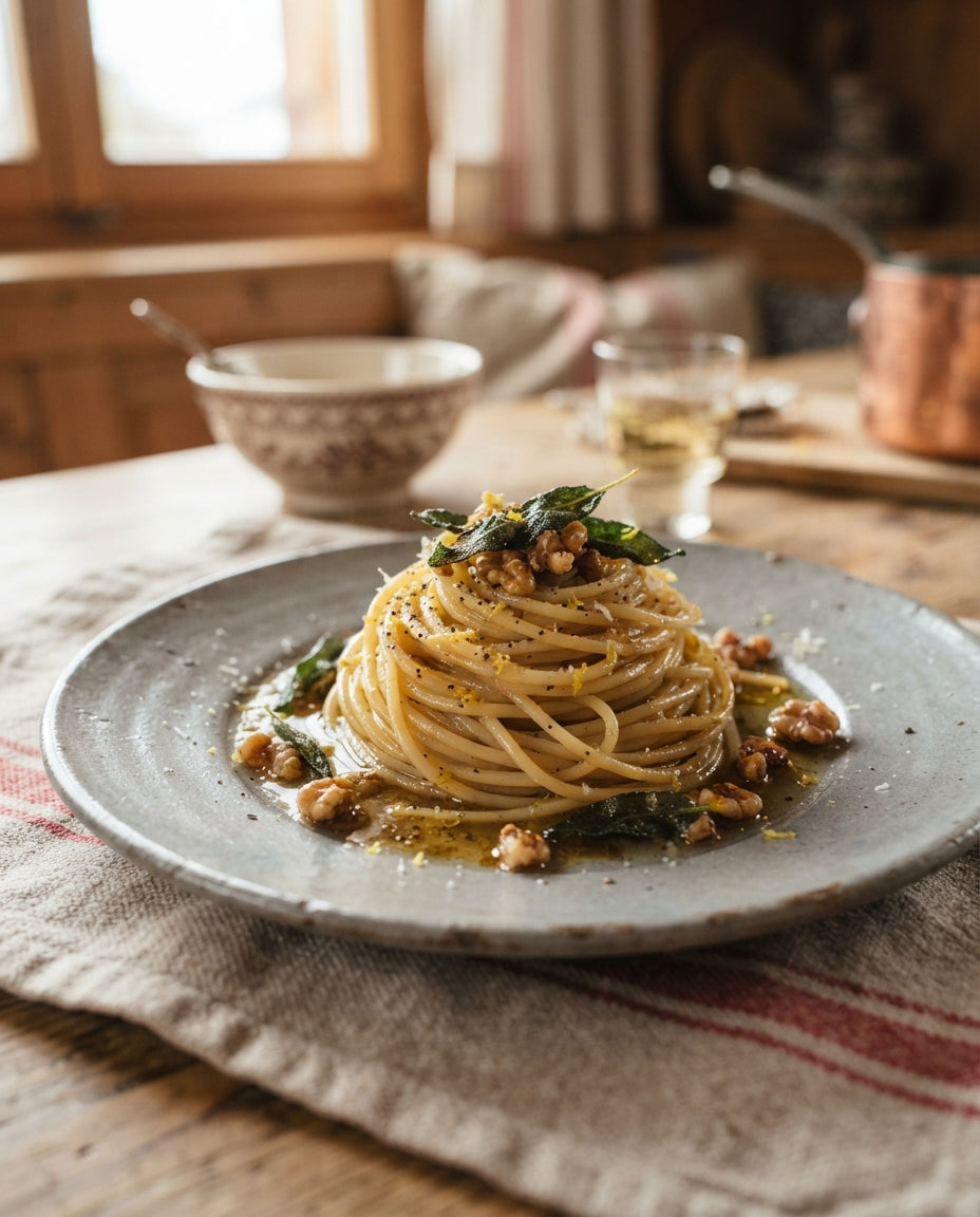 Rezept: Salbeibutter-Spaghetti mit Zitrone & Baumnüssen