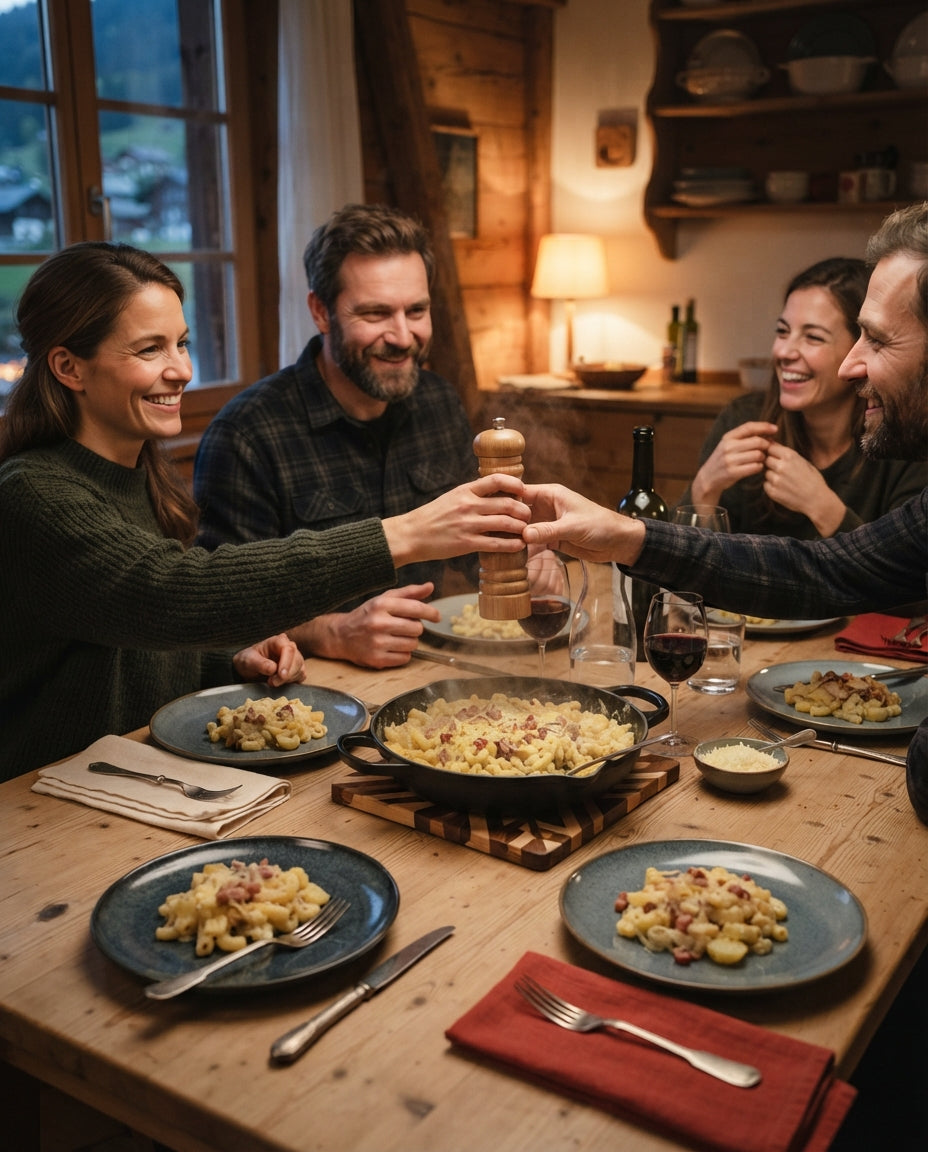 Älpler-Carbonara mit Speck & Bergkäse – gemeinsam am Tisch