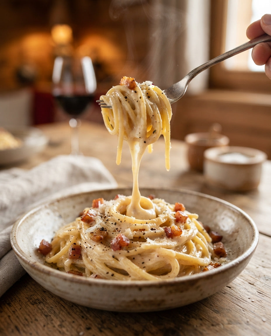 Bio-Spaghetti Carbonara nach Schweizer Art – Detailaufnahme