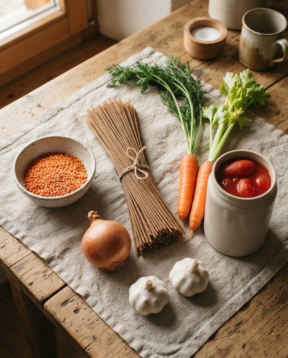 UrDinkel-Spaghetti mit Linsen-Bolognese – Zutaten