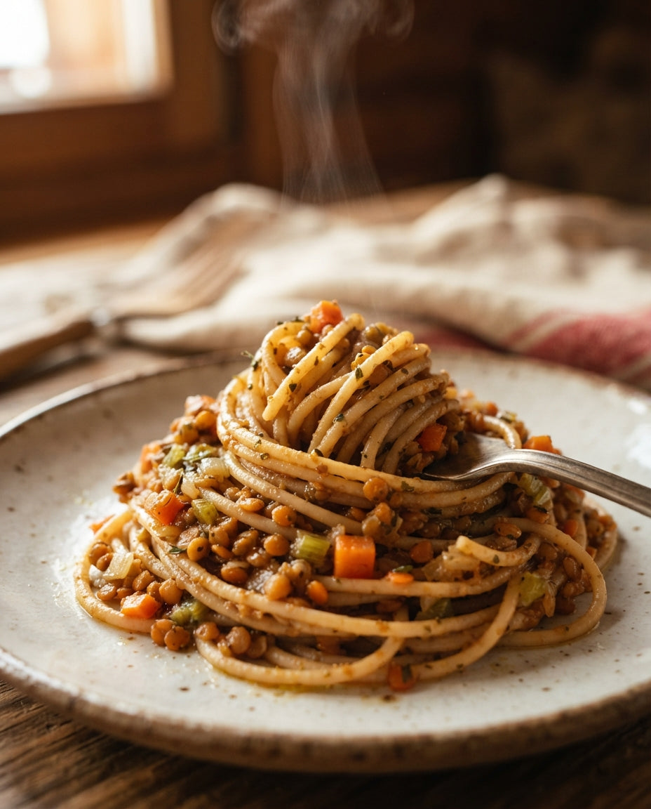 UrDinkel-Spaghetti mit Linsen-Bolognese – Detailaufnahme
