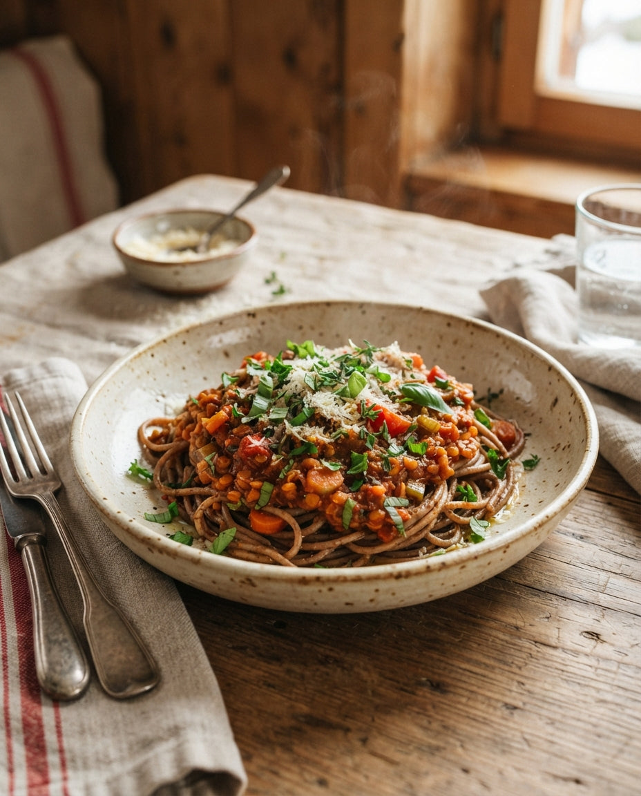 Rezept: UrDinkel-Spaghetti mit Linsen-Bolognese