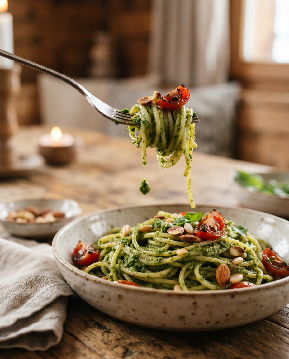 Spaghetti mit cremigem Avocado-Basilikum-Pesto – Detailaufnahme