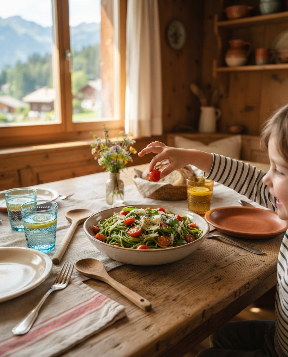 Spaghetti mit cremigem Avocado-Basilikum-Pesto – gemeinsam am Tisch