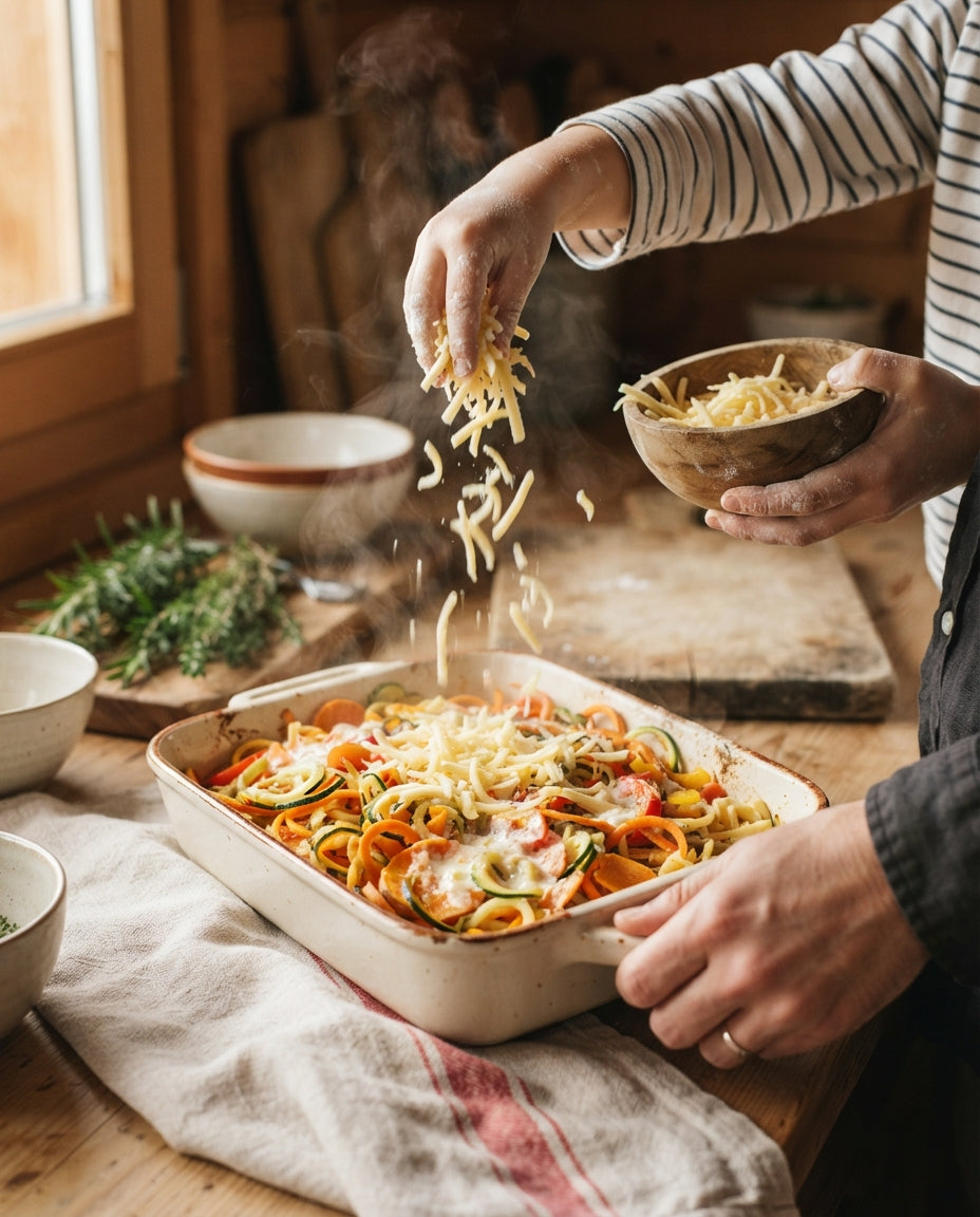 Bunter Bio-Spirali-Gratin mit Gemüse und Käse – Zubereitung