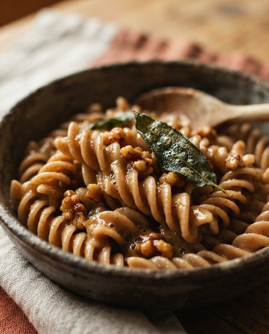 UrDinkel-Spiralen mit Baumnuss-Salbei-Butter – Detailaufnahme