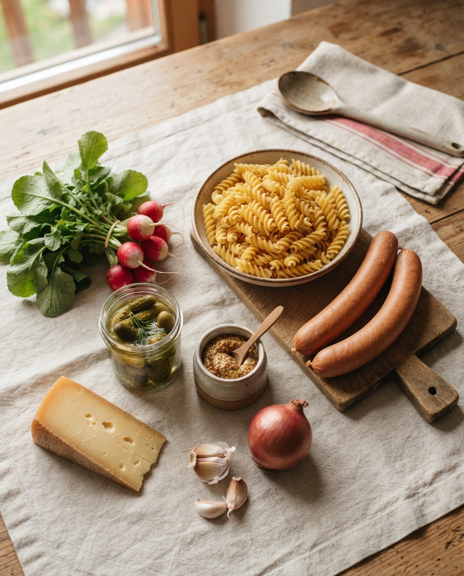 Lauwarmer Spiralen-Wurstsalat deluxe – Zutaten