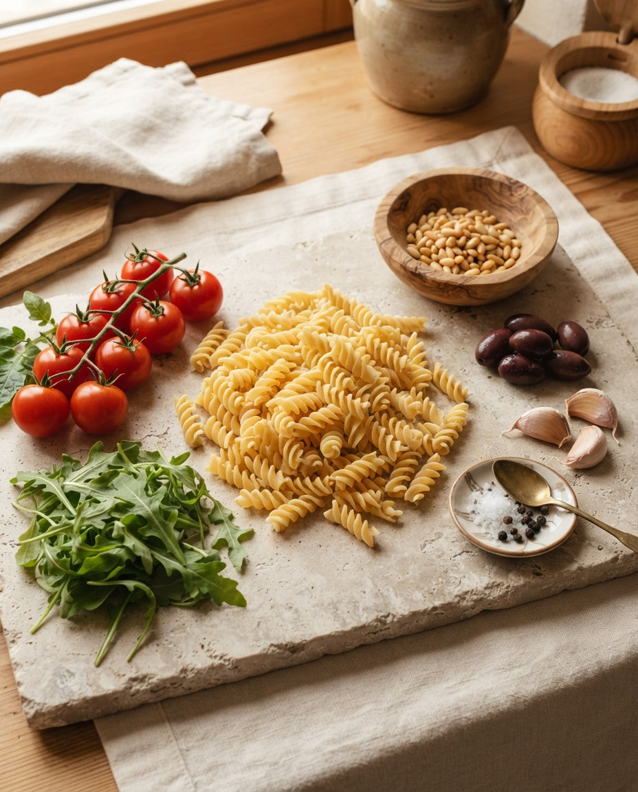 Spiralen mit Tomaten, Rucola & Pinienkernen – Zutaten