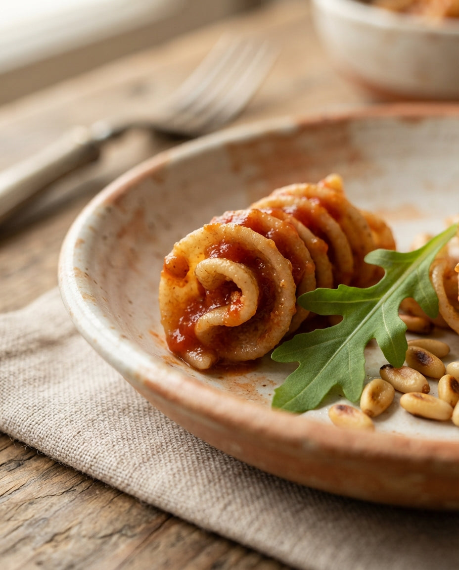 Spiralen mit Tomaten, Rucola & Pinienkernen – Detailaufnahme