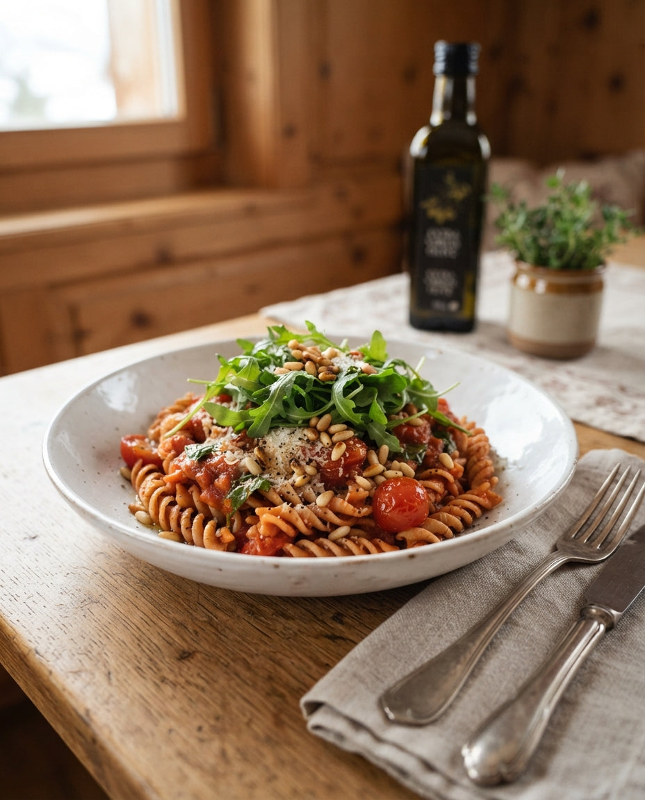 Rezept: Spiralen mit Tomaten, Rucola & Pinienkernen