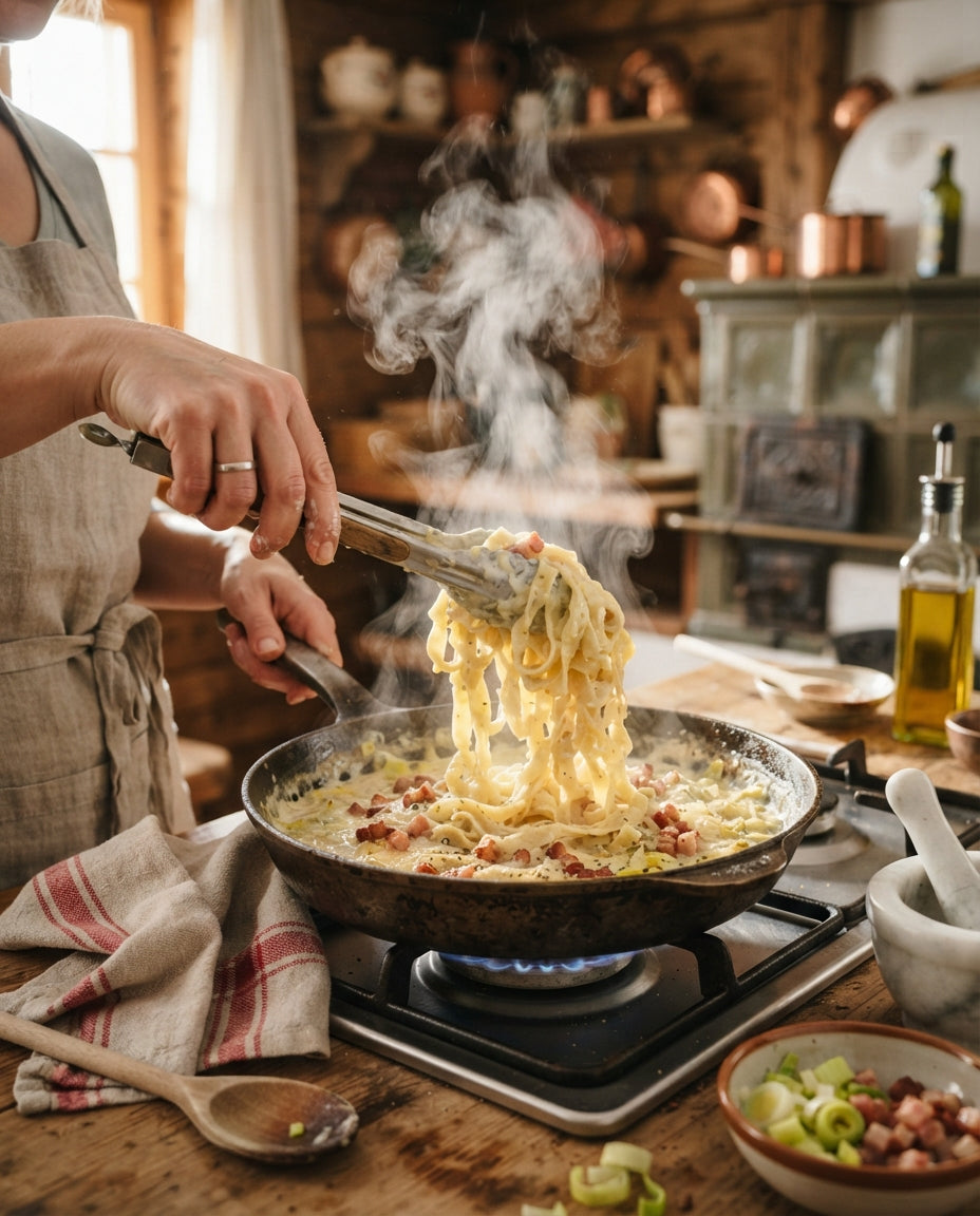 Tagliatelle mit Lauch-Speck-Rahm – Zubereitung