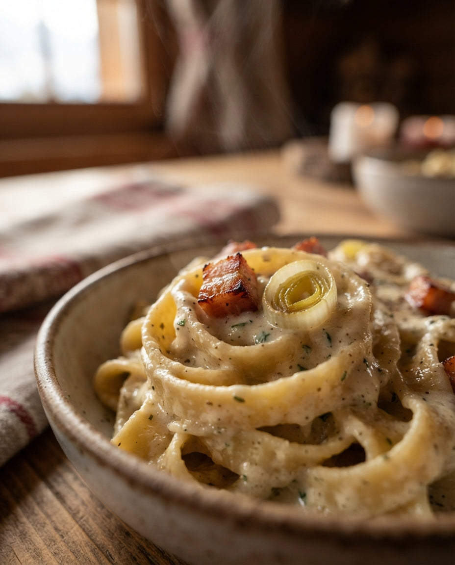 Tagliatelle mit Lauch-Speck-Rahm – Detailaufnahme