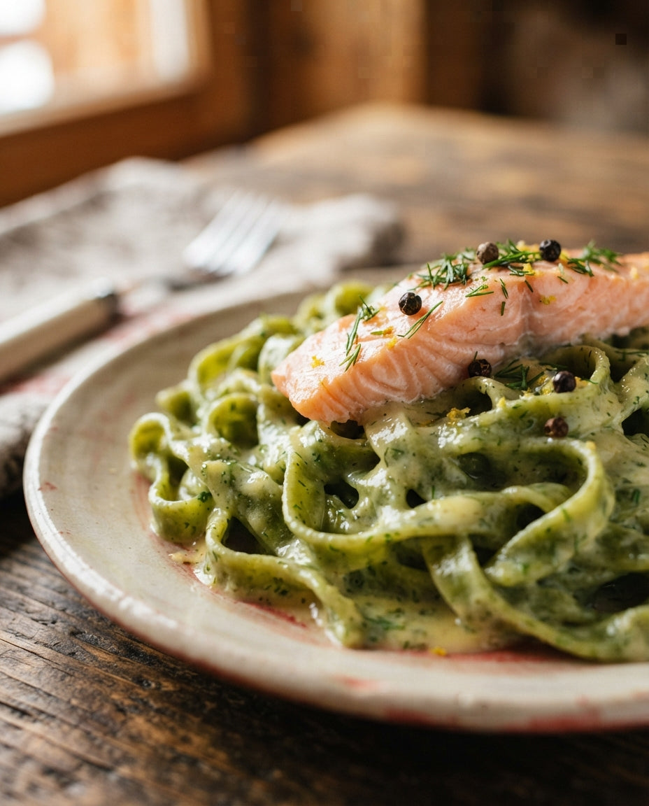 Bärlauch-Tagliatelle mit Zitronenrahm und Lachs – Detailaufnahme