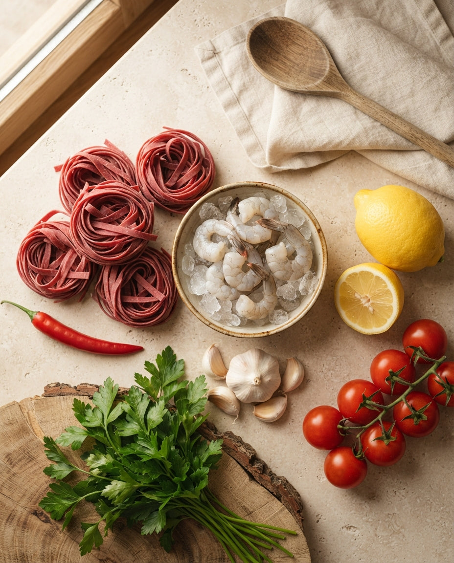 Chili-Tagliatelle mit Knoblauch-Crevetten – Zutaten