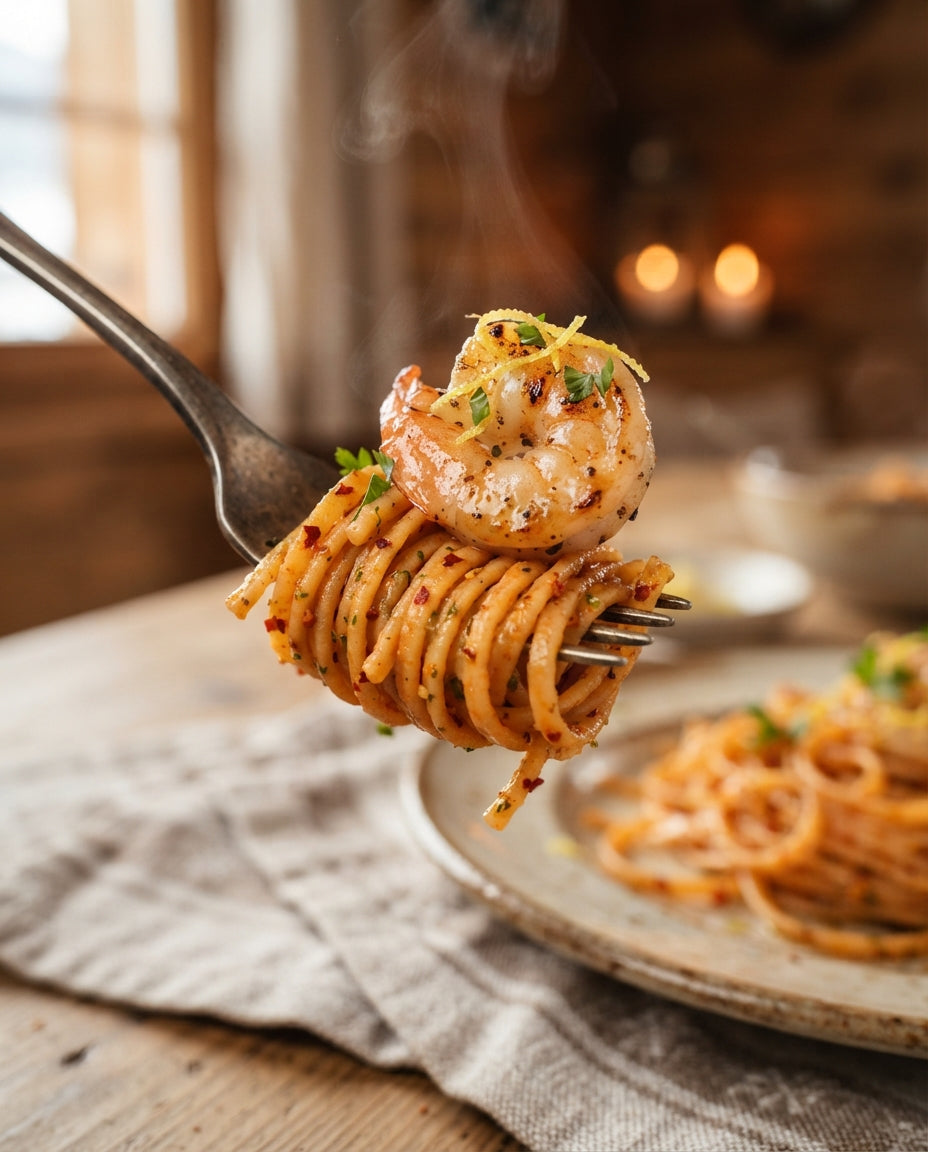 Chili-Tagliatelle mit Knoblauch-Crevetten – Detailaufnahme