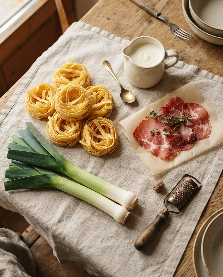 Safran-Tagliatelle an Lauch-Rahm mit Rohschinken – Zutaten