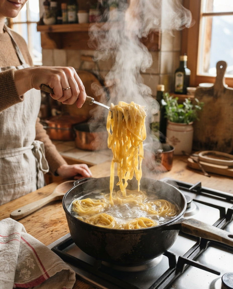 Safran-Tagliatelle an Lauch-Rahm mit Rohschinken – Zubereitung