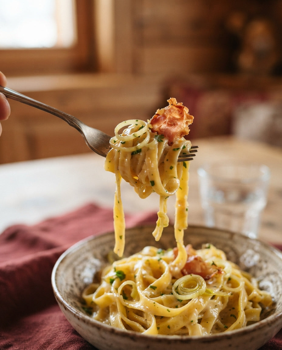 Safran-Tagliatelle an Lauch-Rahm mit Rohschinken – Detailaufnahme