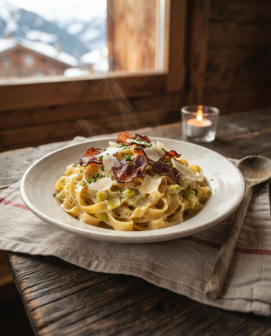 Rezept: Safran-Tagliatelle an Lauch-Rahm mit Rohschinken
