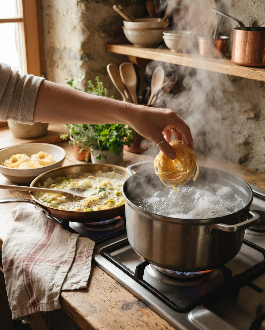 Steinpilz-Tagliatelle mit Lauch-Rahm und Baumnüssen – Zubereitung